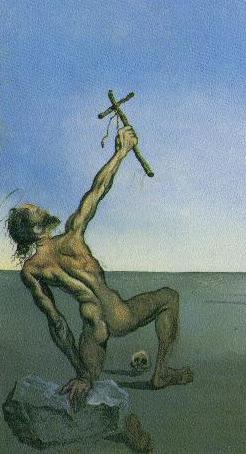 Illustration: St. Anthony, as depicted by Dali: A scraggy naked
	man in a desert, using a cross to ward off hallucinations (without
	much success, as we can still see them.)
